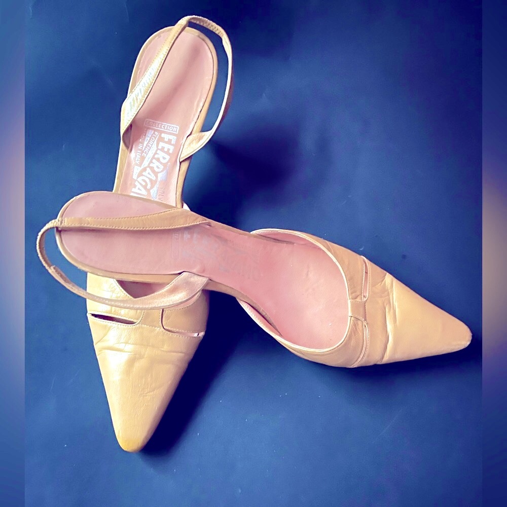 Salvatore Ferragamo Camel Leather Slingback Kitten Heels